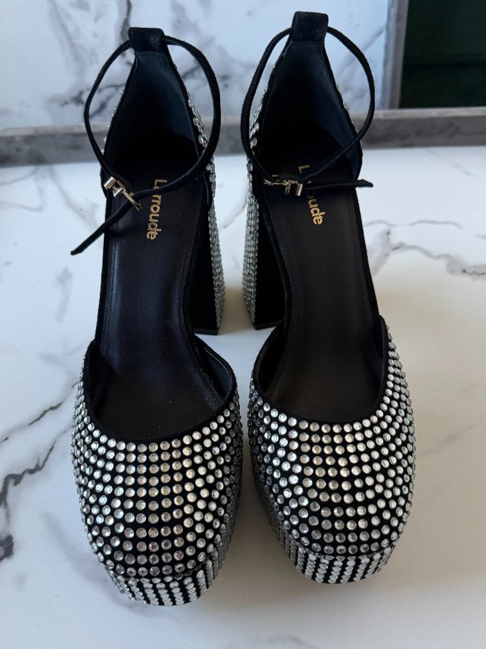 NEW Larroudé Ari Crystal Platform Pumps in Black Silver Size 9 - Picture 4 of 9